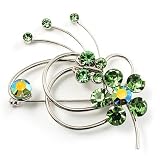 Green Crystal Flower And Butterfly Brooch (Silver Tone)