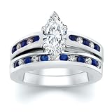 2.00 CT MARQUISE DIAMOND W ROUND BLUE SAPPHIRE RING SET