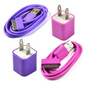 Case Star USB Wall Charger and 2 Piece 3 Feet USB Charge and Sync Data Cable for iPod Touch,iPod Nano,iPhone 3G/3GS/4/4S with Case Star Cellphone Bag - 2 Piece - Hot Pink/Purple