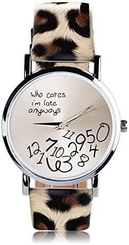 Sanheshun Women's PU Leather Wristwatch Who Cares I'm Late Anyways Letter Quartz Watch Leopard