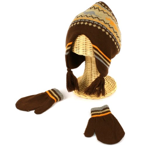 Winter Boys 2-4 Knit Dinosaur Ski Trapper Beanie Hat with Mittens Gloves Set Brown