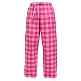 Bubblegum Pink tartan plaid check tie cord flannel cotton pants for lounging, sleep, sports. Unisex relaxed fit,