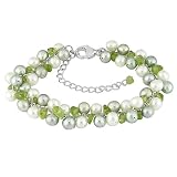 Sterling Silver Multi Colored Pearls Peridot Chips Bracelet (5-6 mm)