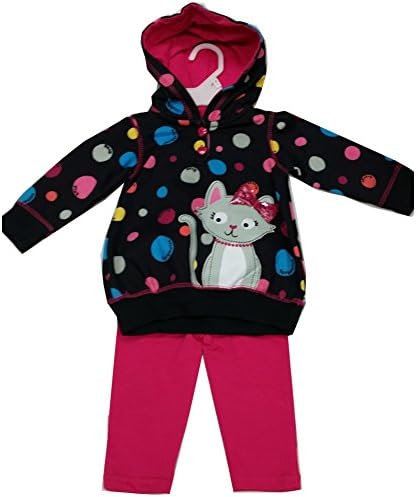 Watch Me Grow Baby Girls Black Fuchsia Dot Cat Hooded Top 2 Pc Pant Set 6-9M