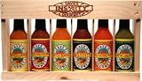 Gourmet Gift Set Spicy Six Pack: A variety of 5oz hot sauces in our special wooden crate. Includes Insanity Sauce, Jammin' Jerk, Cool Cayenne Pepper, Crazy Caribbean, Hurtin' Habanero, and Hurtin' Jalapeno.