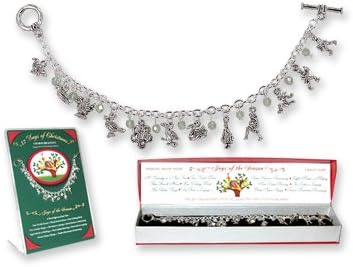 12 Days of Christmas Charm Bracelet. Elegant Toggle Bracelet of Figurine Charms, Inspired By the Famous Carol. Richly Detailed and Layered in Sterling Silver. Comes in Red Gift Box.