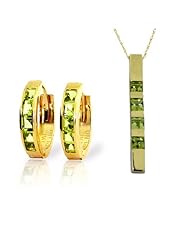 14k Yellow Gold Jewelry Set: Natural Peridot Pendant Necklace and Huggie Hoop Earrings