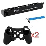 GTMax Temperature Cooling Fan + 2x Black Controller Silicone Case for Sony PlayStation PS3 + Blue Wrist Strap Lanyard