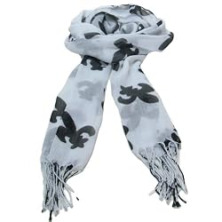 Fleur de Lis Print Summer Light Scarf Shawl Wrap White with Black