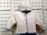 Ck601, Ivory Cotton Blue Chenille Trim Boys Cardigan, Hat Set Ck601, Ivory Cotton Blue Chenille Trim Boys Cardigan, Hat Set