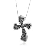 14K White Gold with White and Treated Black Diamond Cross Pendant with 18 chain