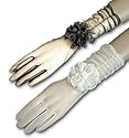 Matte Sheer Nylon Tricot Long Glove with Shirring, Pleated Ruffle and Flowers