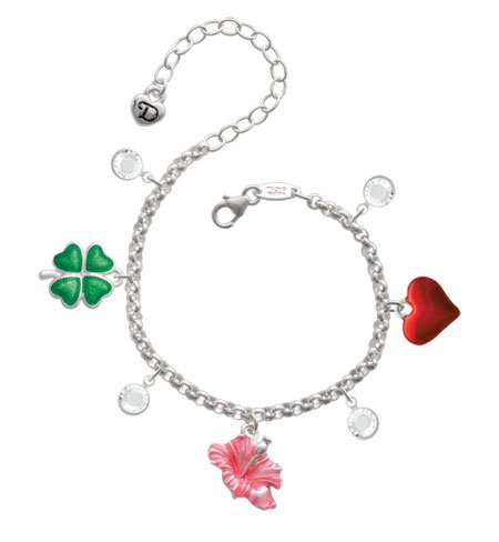 Hot Pink Hibiscus Flower Love & Luck Charm Bracelet with Clear Swarovski Crys...