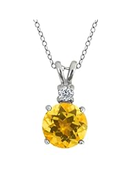 4.00 Ct Round Natural Yellow Citrine & White Diamond Sterling Silver Pendant 18"
