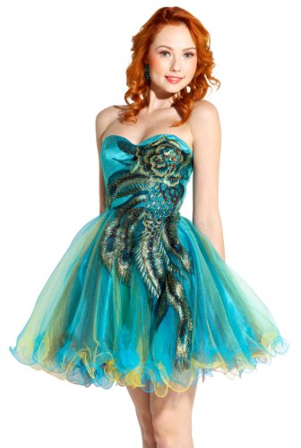 Metallic Peacock Embroidered Holiday Party Homecoming Prom Dress