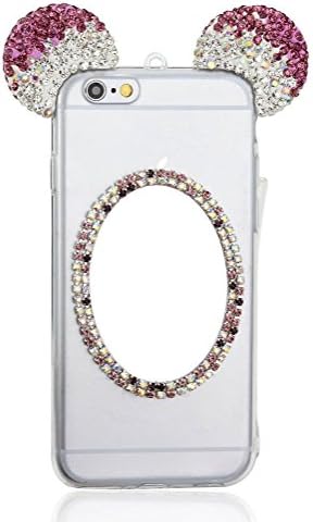iPhone 6/6s Plus Case Cover ,3D Mickey Mouse Ears Bling Crystals handcraft Luxury rhinestone case cover with Minnie Bling Mirror + Neck Strap for iPhone 6/6s Plus 5.5" (m-Purple)