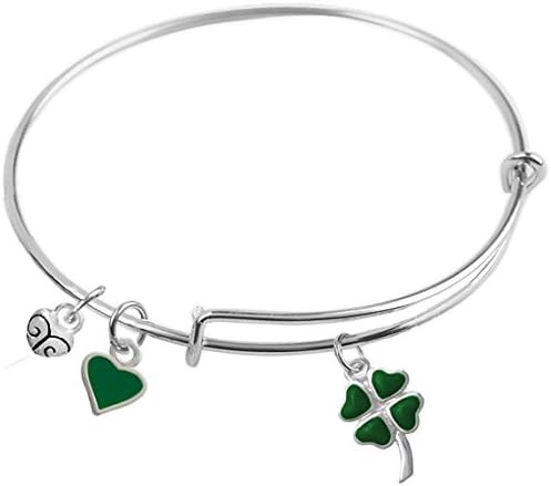 Expandable Wire Bangle bracelet, "St. Patrick's Day" with Lucky Four-Leaf Clover, Green Heart and Small Heart charms, Qty 1