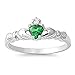 Sterling Silver Irish Claddagh Friendship Ring Simulated Emerald Heart Size 6