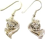 Silver French Horn Dangle Earrings with Crystal accents