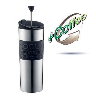 Bodum Stainless Steel Vacuum Travel Press Coffee Maker with Black Silicone Grip (includes 1lb Colombia Supremo Gourmet Coffee)