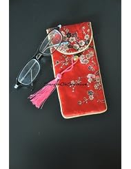 Beautiful Silk Brocade Eyeglass Sunglass Pouch Glasses Protect Bag - Fire Brick with Pattern by Shanghai Old Street