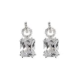 Sterling Silver White CZ Rectangle With Pave Bail Post Earrings