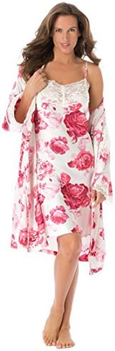 Amoureuse Women's Plus Size Short Satin Peignoir Set Ivory Roses,4X