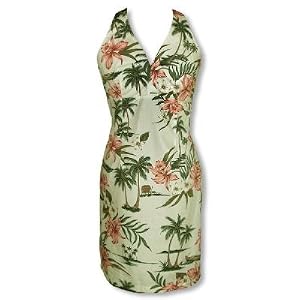 Sexy Halter Dress - Orchid Island Hawaiian Aloha Crisscross Back Fitted Halter Sun Dress - Regular and Plus Size