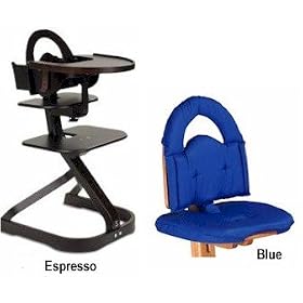 Svan High Chair from Scandinavian Child with Infant Kit and Cushion, Blue Cushion in Espresso Wood