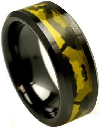 8mm Black Ceramic High Polish Finish Military Green Camouflage Inlay Beveled Edge Comfort Fit Wedding Band Engagement Ring for Men & Women Available Sizes (7-15) Including Half Sizes Please Email