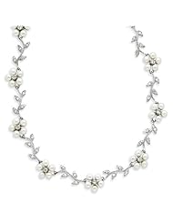 Sterling Silver Pearl And CZ Floral Necklace - 16 Inch