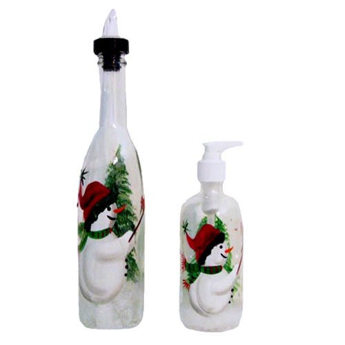ArtisanStreet's Snowman Design Pour Bottle & Soap Dispenser Set. Hand Painted & Signed By Artisan.