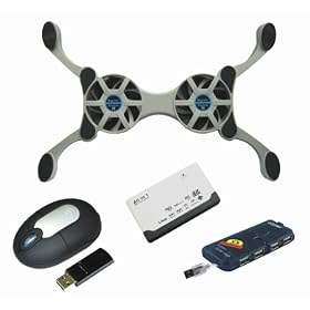 4 Pc. Accessory Kit for Laptop / Mac. Includes Compact Folding Dual Fan USB Powered Cooling Pad, Wireless Optical Mouse, All-in-one Card Reader and Slim 4-port USB Hub