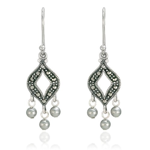Sterling Silver Marcasite Grey Pearl Drop Earrings
