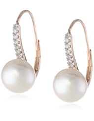 10k Rose Gold Cultured Freshwater Cultured Pearl and Diamond Leverback Earrings (0.1 cttw, GH Color, I2-I3 Clarity)