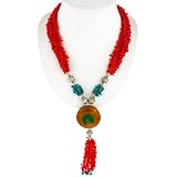 Handmade Red Coral, Turquoise & Agate Lariat Necklace With Antiqued Silver Beads