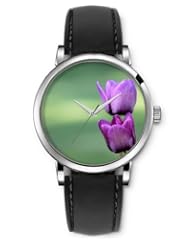 SPRAWL Aanalog Fashion Series Silver Ladies Watches of Genuine Black Leather Strap,Unique Wrist Watch for Women Girls Designed with Purple flowers