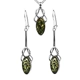 Green Amber and Sterling Silver Celtic Pendant and Earrings Set, 18"