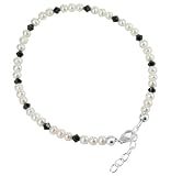 Sterling Silver Imitation Freshwater Pearl & Black Crystal 9 to 10 inch Anklet Made with Swarovski Elements
