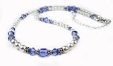 September Medium Blue Sapphire Swarovski Crystal Birthstone Beaded Necklaces in Sterling Silver with White Pearls and Adjustable 2 Inch Extension