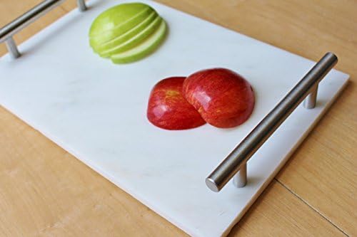 Grecian White Marble Cheese Board | Cutting Board | Pastry Board | Marble display stand with Silver Metal Handles (8x12 inch)