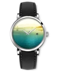 SPRAWL Aanalog Fashion Series Silver Ladies Watches of Genuine Black Leather Strap,Unique Wrist Watch for Women Girls Designed with Boat at sea