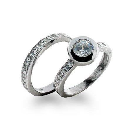 Eve's Addiction Sterling Silver Bezel Set Ring with Matching Band