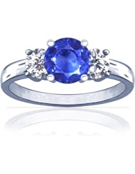 18K White Gold Round Cut Blue Sapphire Three Stone Ring