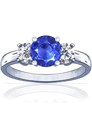 14K White Gold Round Cut Blue Sapphire Three Stone Ring
