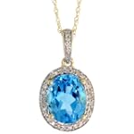 14k Gold 18 in. Thin Chain & 13/16 in. (21mm) tall Oval Stone Pendant, w/ 0.12 Carat Brilliant Cut Diamonds & 2.50 Carats Oval Cut (10x8mm) Blue Topaz Stone