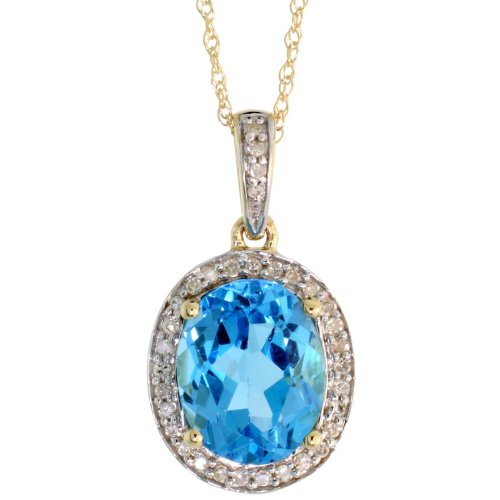 14k Gold 18 in. Thin Chain & 13/16 in. (21mm) tall Oval Stone Pendant, w/ 0.12 Carat Brilliant Cut Diamonds & 2.50 Carats Oval Cut (10x8mm) Blue Topaz Stone