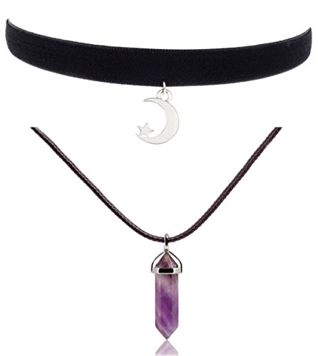 Cozylife 2 Pack Girls Handmade Hexagon Natural Stone Choker Necklace & 3/8" Velvet Moon Chokers