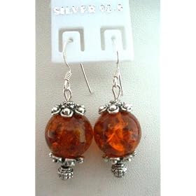<b>Genuine Sterling Silver Amber Stone Bead w/ Bali Earrings Handcrafted (BRAND NEW)</b>