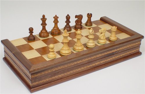 Deluxe Old Club Staunton Chess Set in Golden Rosewood & Boxwood with Walnut Folding Chess Case - 3.25